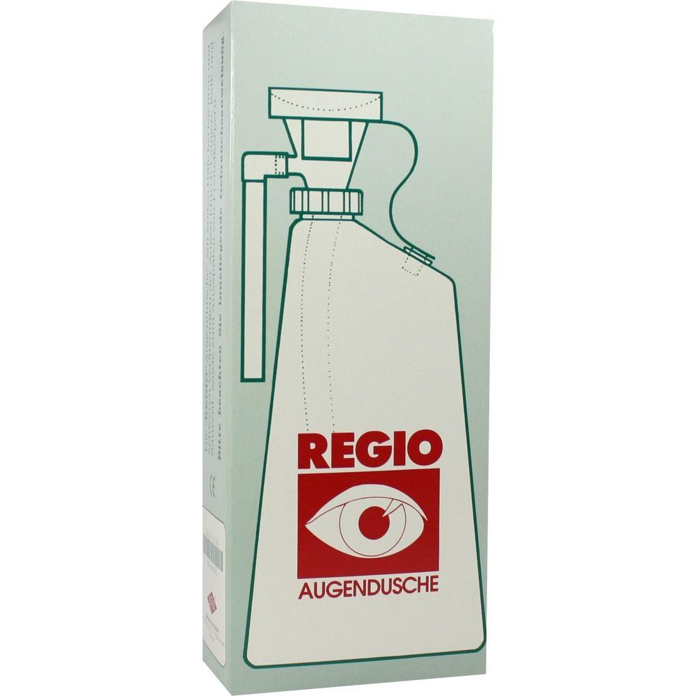 Grüner Karton mit einer Zeichnung einer Augendusche und dem Text "REGIO AUGENDUSCHE".