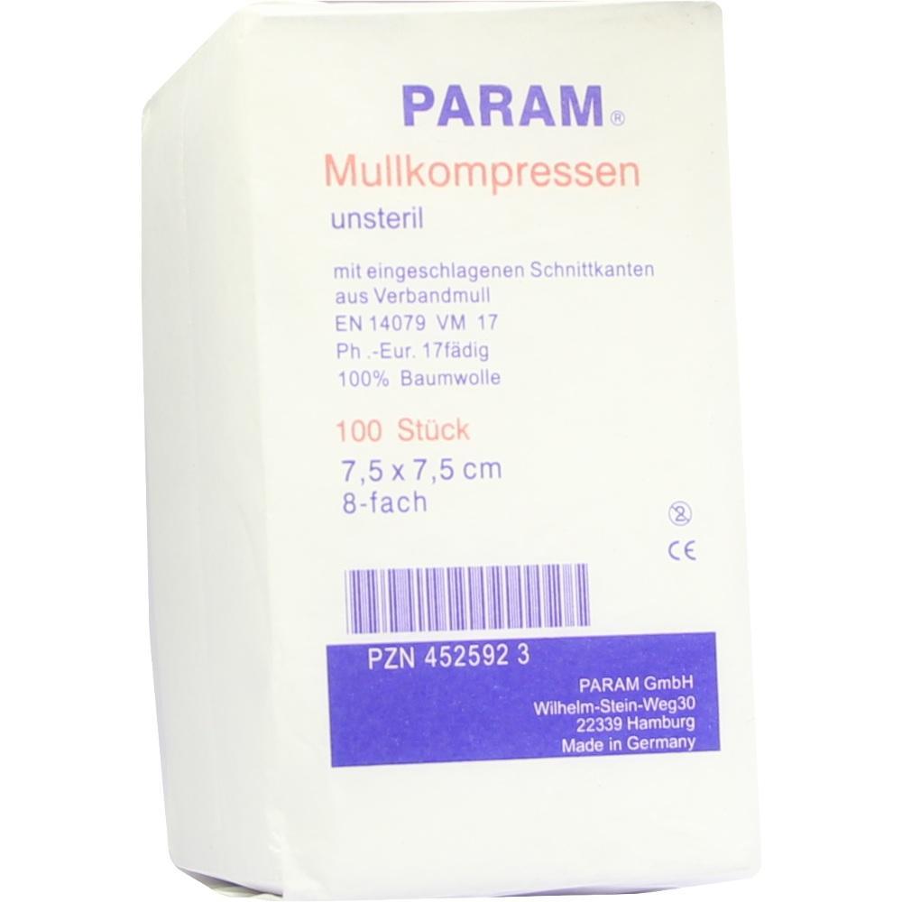 Eine Packung unsteriler Mullkompressen der Marke PARAM aus Baumwolle.
