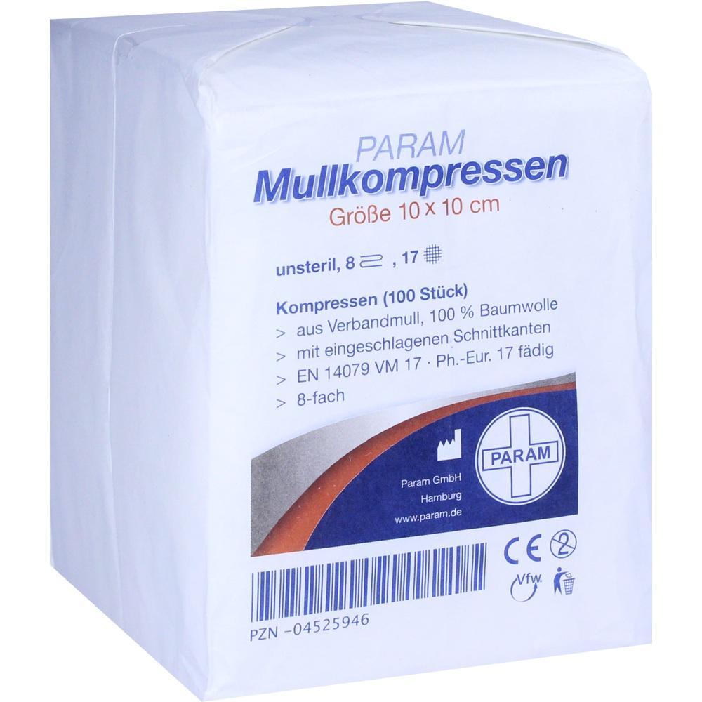 Eine weiße Packung enthält 100 unsterile Mullkompressen aus Baumwolle.