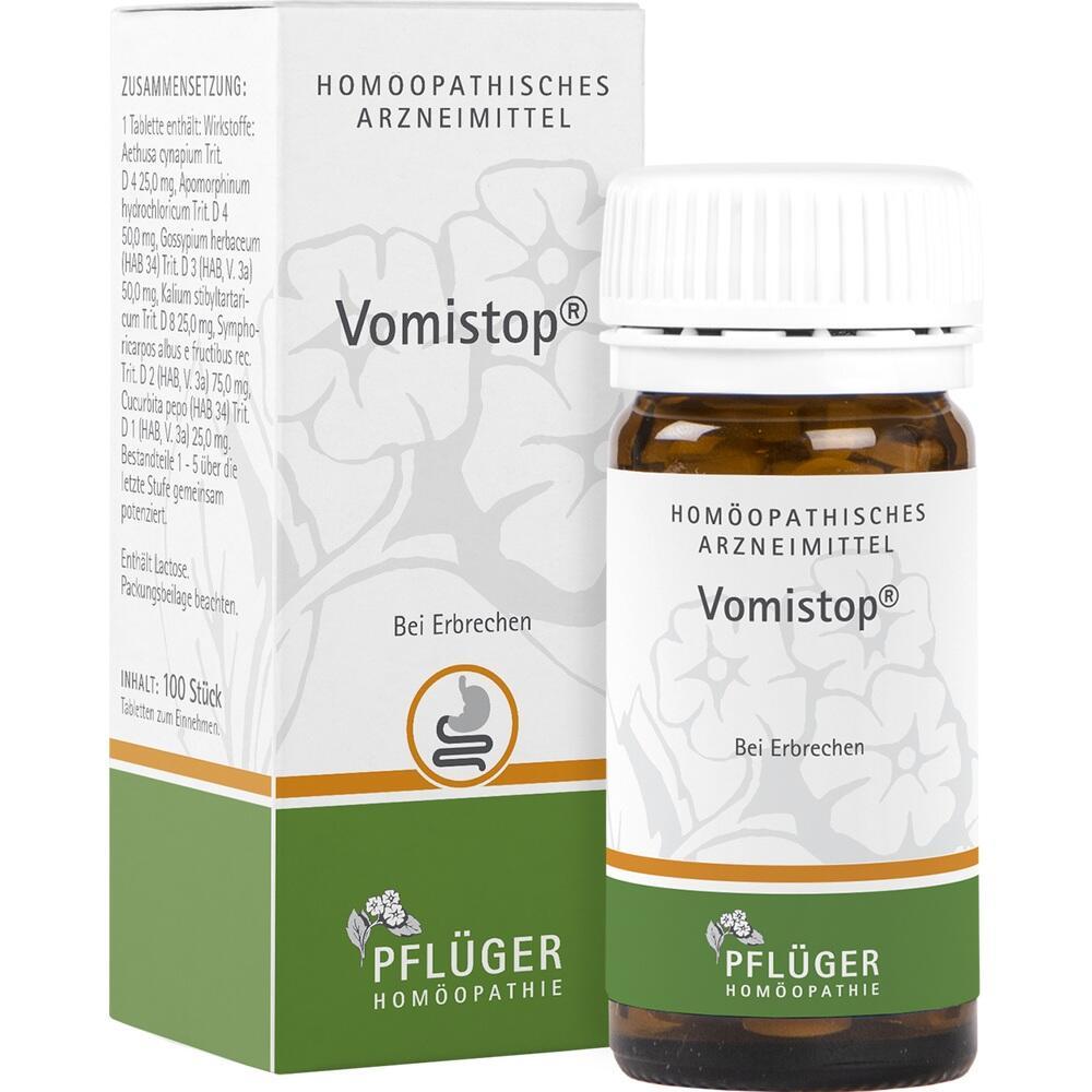 Eine Packung und Flasche des homöopathischen Mittels "Vomistop" gegen Erbrechen.