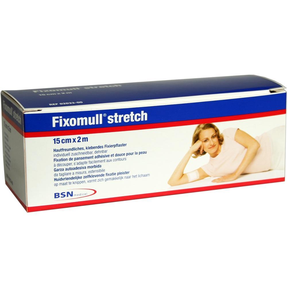 Eine Packung Fixomull Stretch Fixierpflaster, 15 cm x 2 m, mit liegender Frau als Abbildung.
