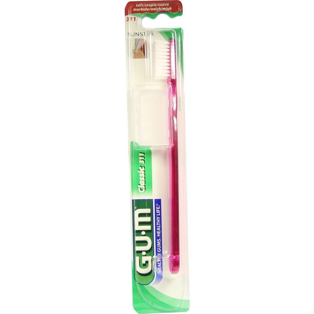 Eine verpackte rosa Zahnb&uuml;rste mit weichen Borsten.