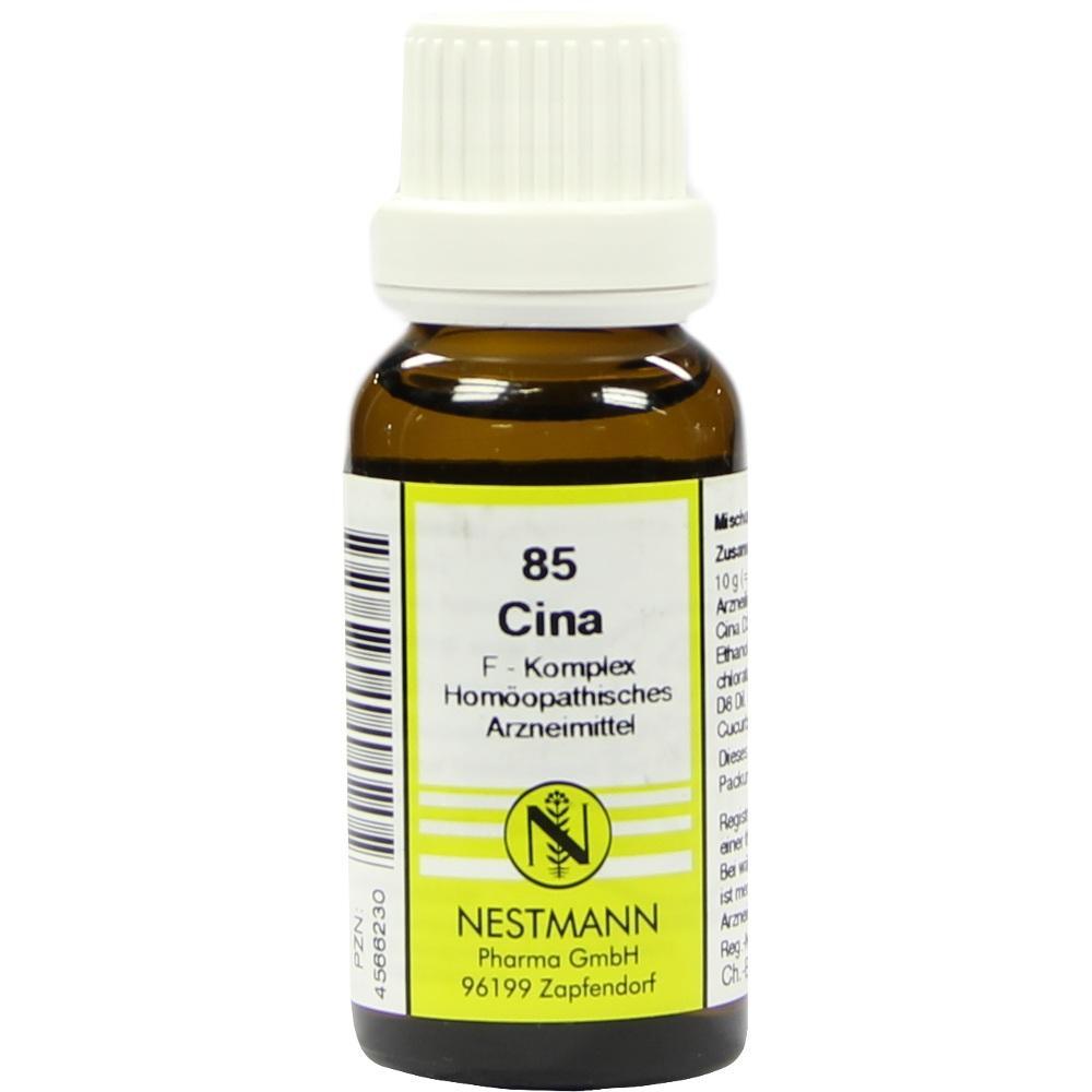 Braune Glasflasche mit gelbem Etikett f&uuml;r hom&ouml;opathisches Mittel namens "Cina".