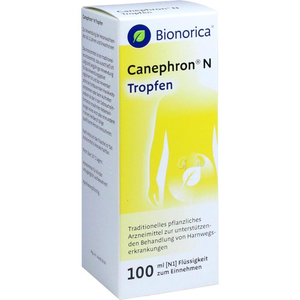 Weiße Box mit gelber Aufschrift "Canephron N Tropfen" für Harnwegserkrankungen.