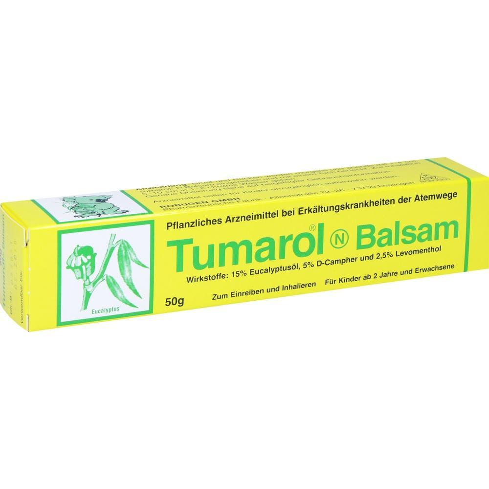 Gelbe Schachtel mit Tumarol Balsam, ein pflanzliches Mittel gegen Erkältung.
