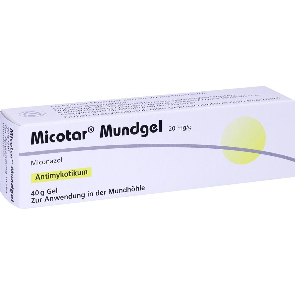 Eine rechteckige Schachtel mit der Aufschrift "Micotar Mundgel".