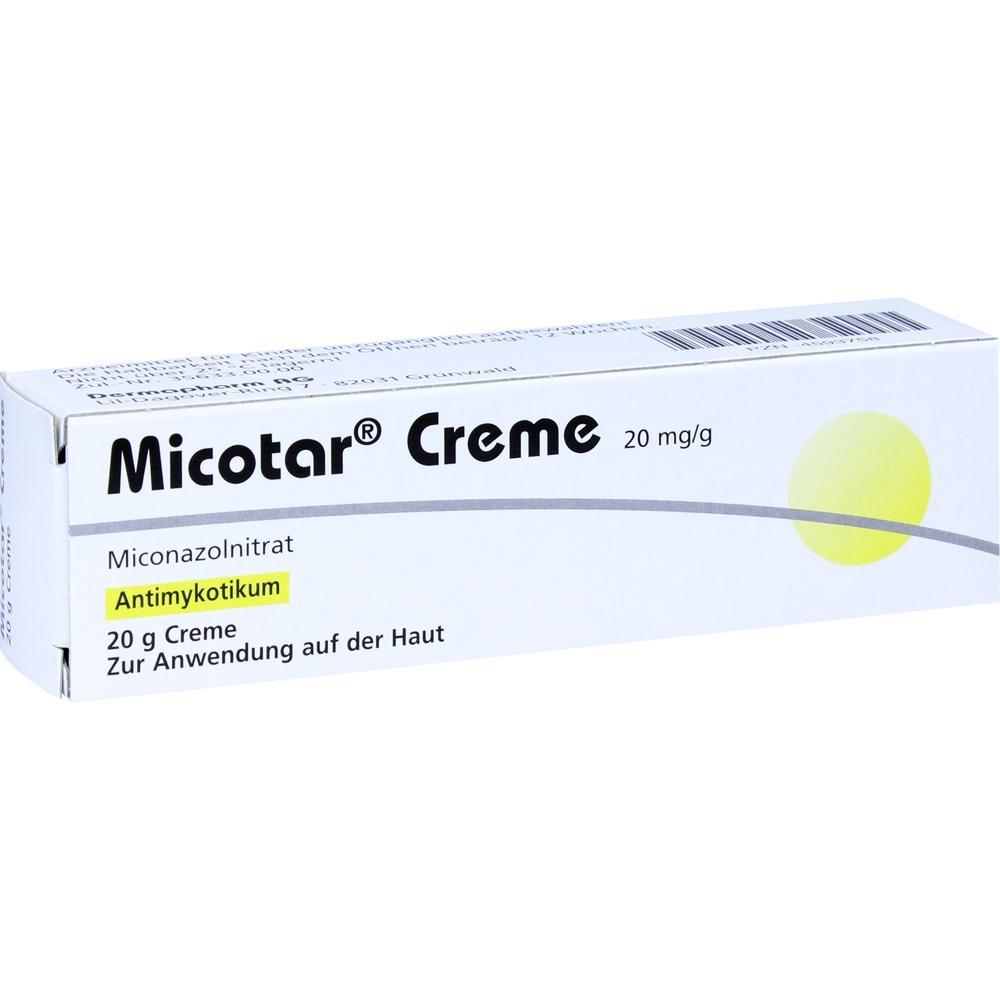 Eine weiße Schachtel mit der Aufschrift "Micotar Creme" für Hautanwendung.