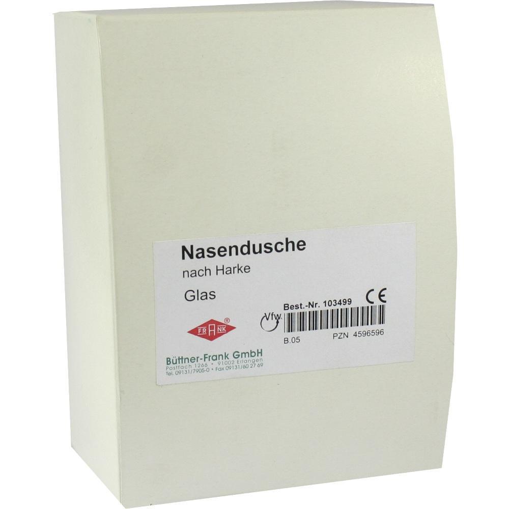 Eine weiße Verpackung mit der Aufschrift "Nasendusche, Glas" auf einem Etikett.