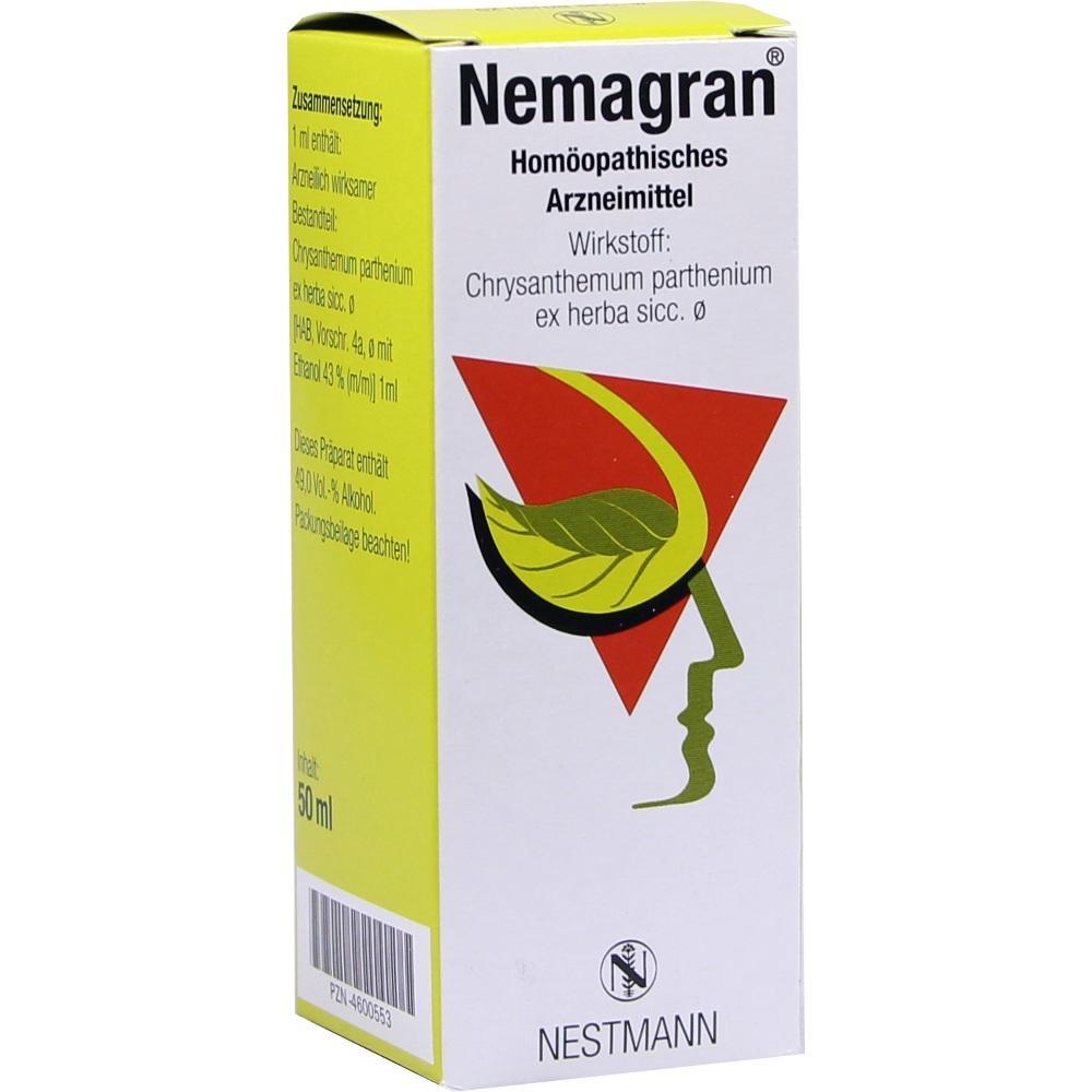 Gelbe Verpackung eines hom&ouml;opathischen Arzneimittels namens Nemagran von Nestmann.