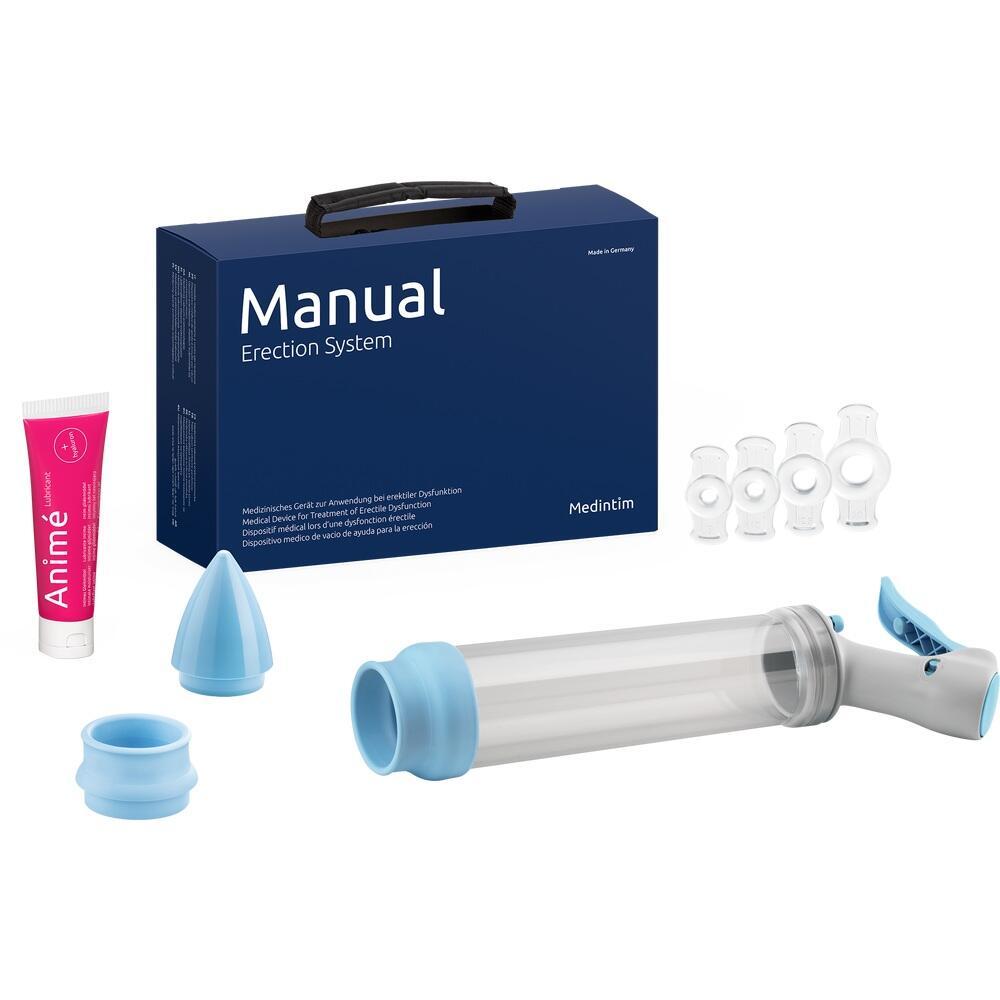 Ein Erektionssystem-Kit mit Pumpe, Ringen und Gleitgel, alles in einer blauen Schachtel.
