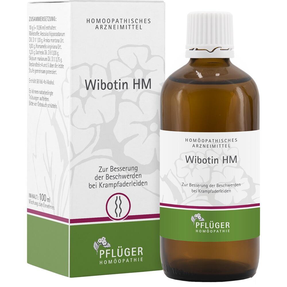 Braune Flasche und weiße Schachtel mit homöopathischem Mittel "Wibotin HM".