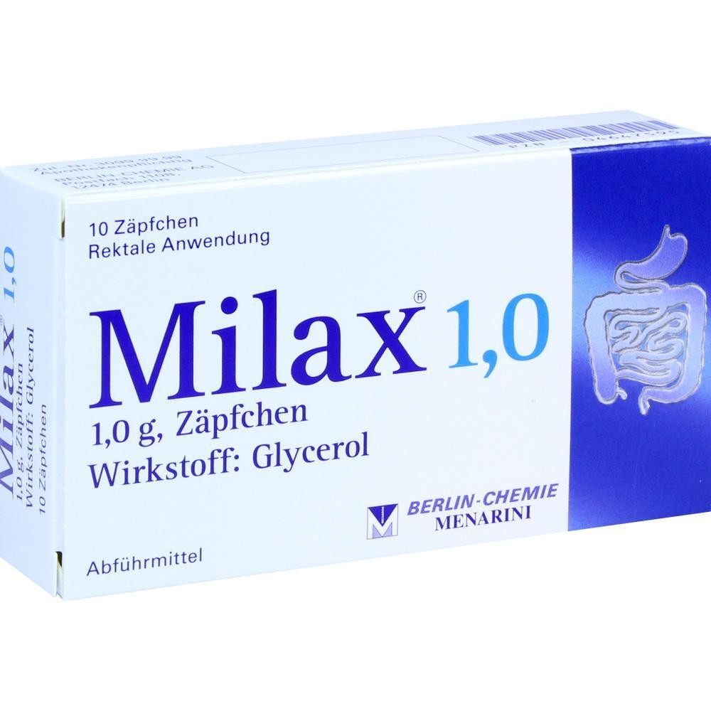 Eine Packung Milax-Z&auml;pfchen mit dem Wirkstoff Glycerol.
