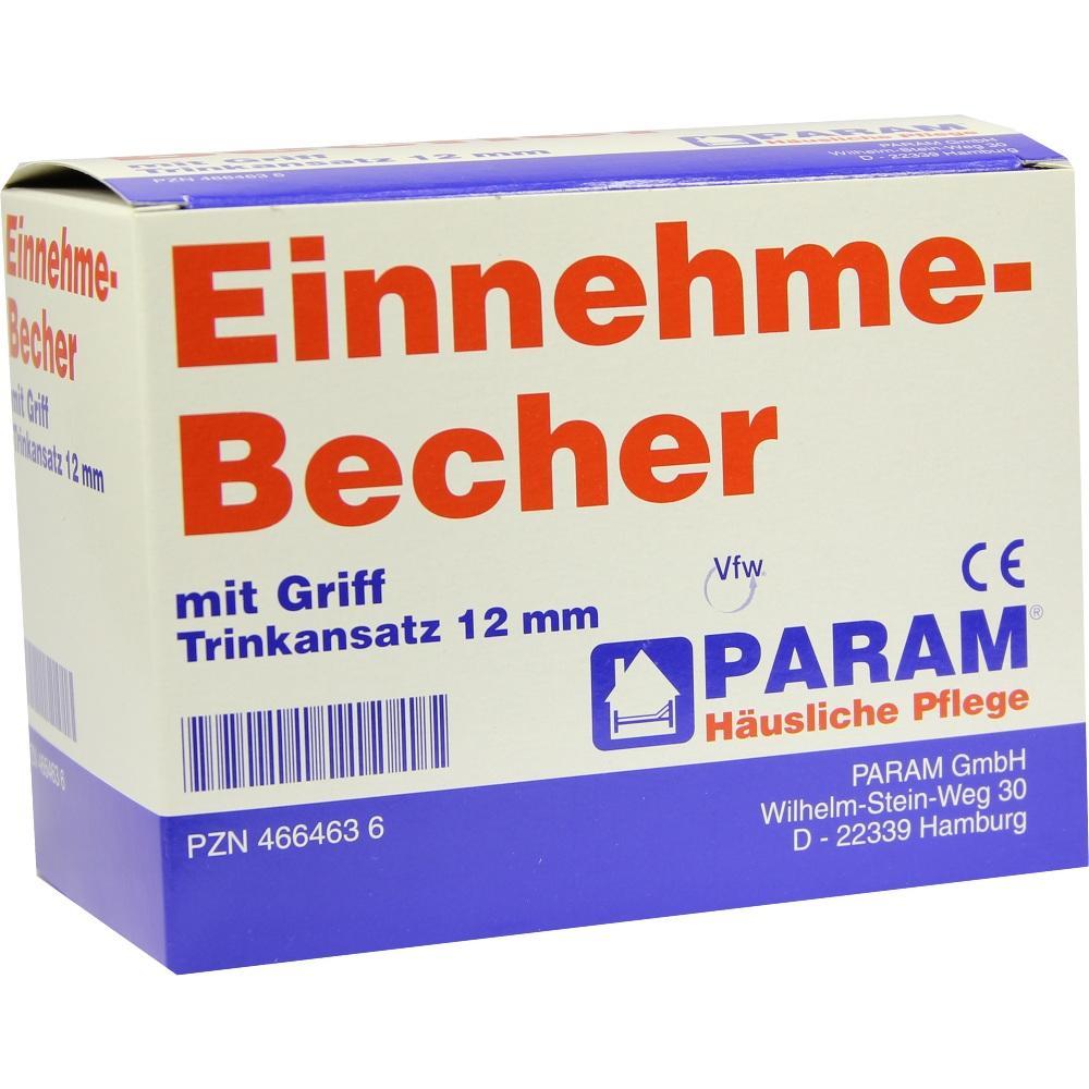 Verpackung mit der Aufschrift "Einnahme-Becher" für häusliche Pflege weist auf Becher mit Griff hin.