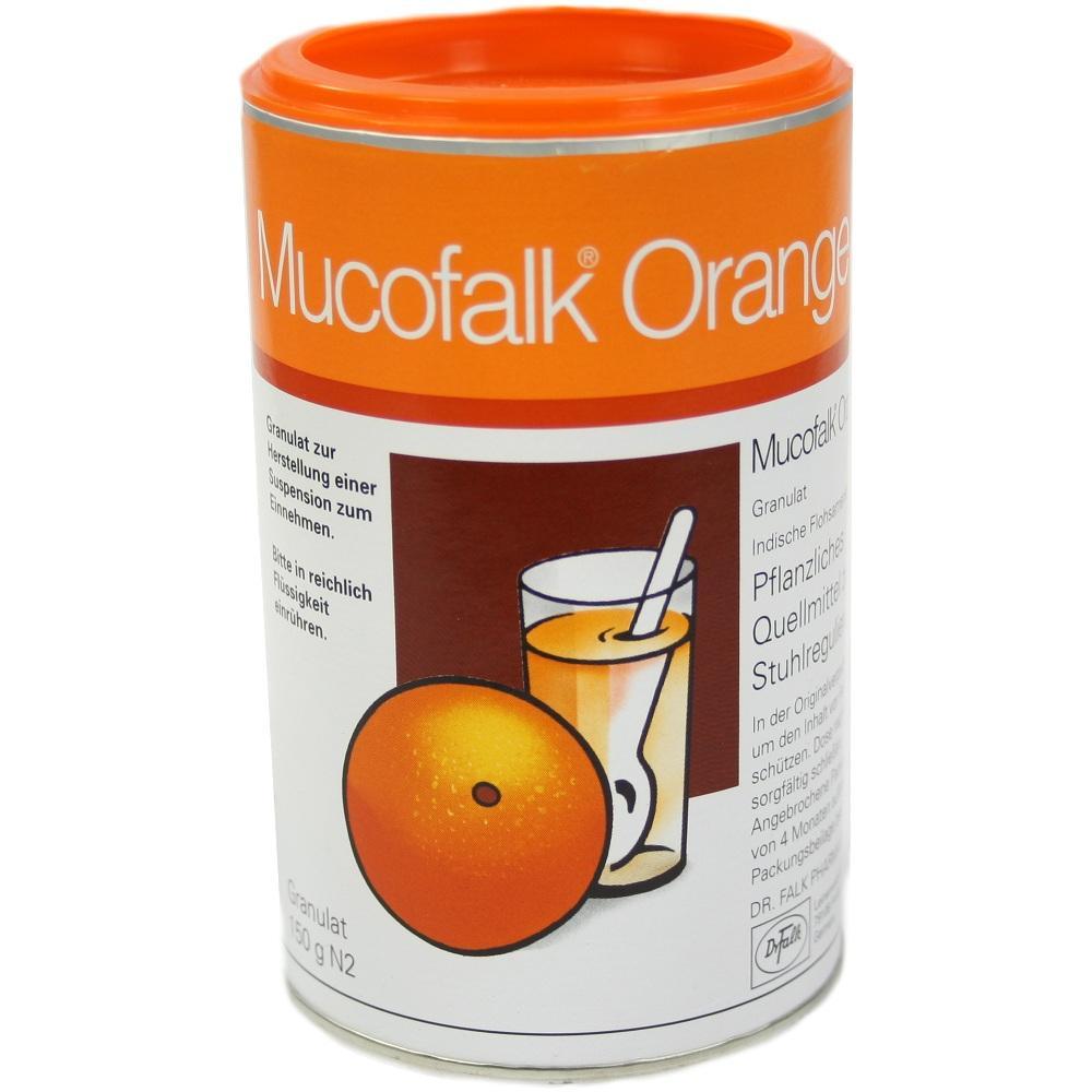 Eine Dose mit orangefarbenem Deckel und der Aufschrift "Mucofalk Orange".