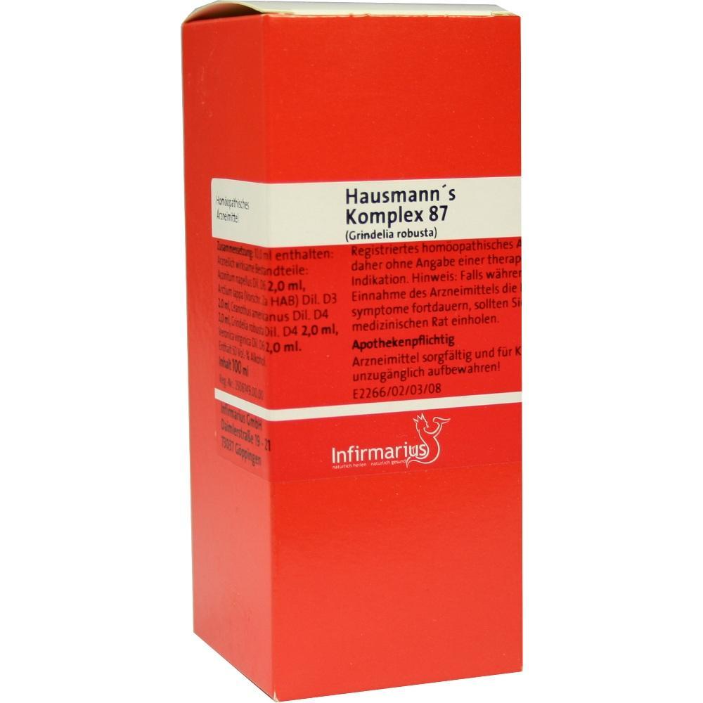 Rote Verpackung eines homöopathischen Mittels namens "Hausmann's Komplex 87".