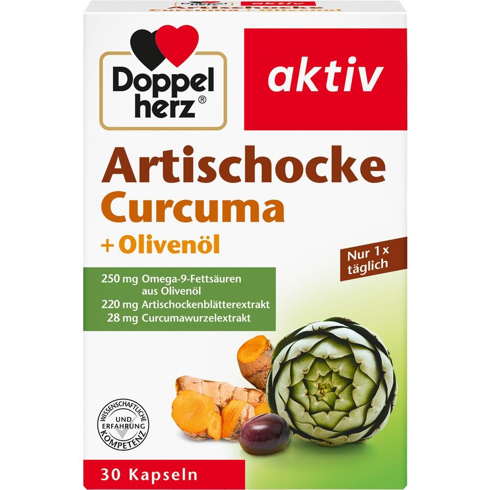 Verpackung für Nahrungsergänzungsmittel mit Artischocke, Curcuma und Olivenöl.