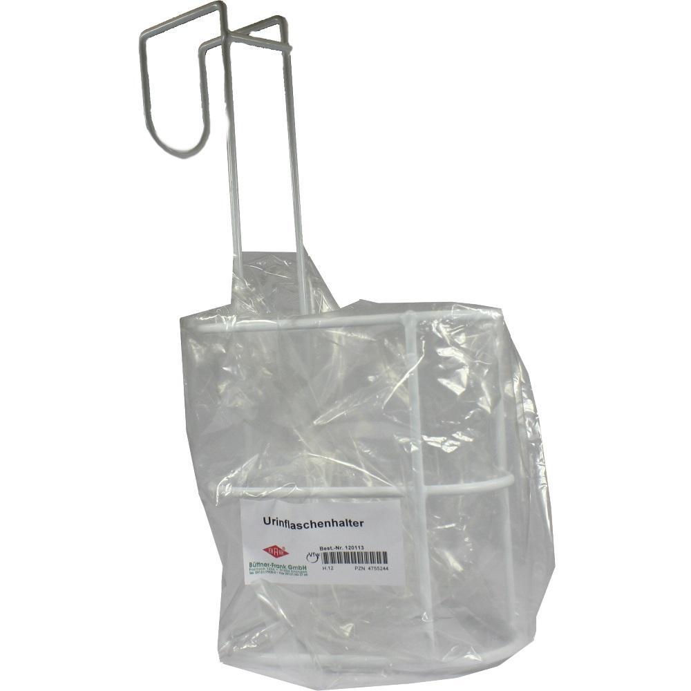 Ein Urinflaschenhalter aus weißem Metall mit einer durchsichtigen Plastikabdeckung.