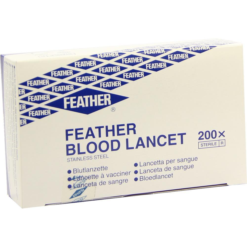 Eine Verpackung für Blutzuckertest-Lanzetten von Feather, 200 Stück enthalten.