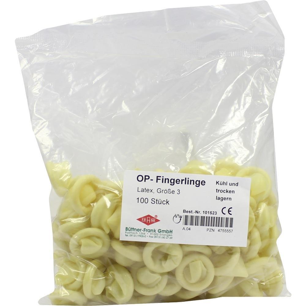 Eine Tüte mit 100 gelben OP-Fingerlingen aus Latex.