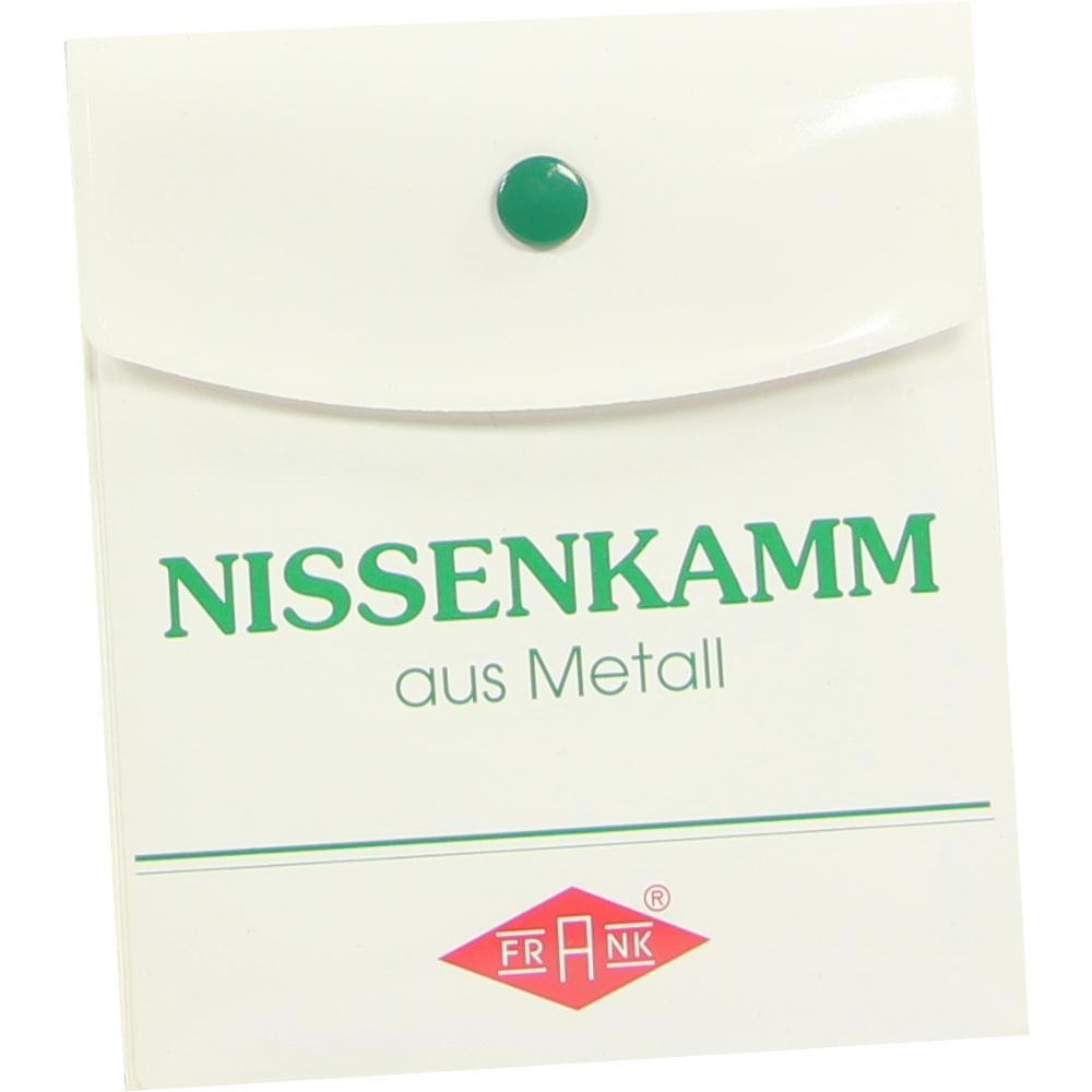 Behälter für einen Metall-Nissenkamm mit grünem Verschlussknopf.