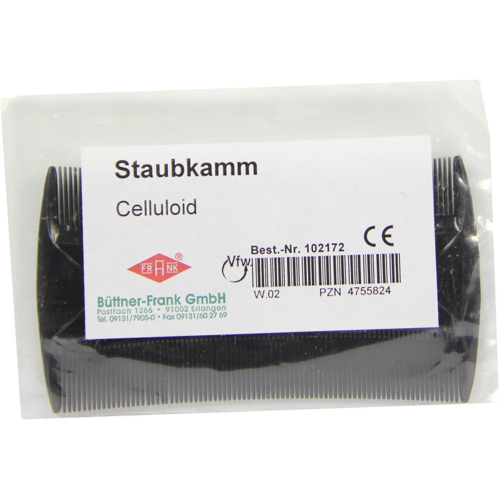 Ein schwarzer Staubkamm aus Celluloid in einer transparenten Verpackung.