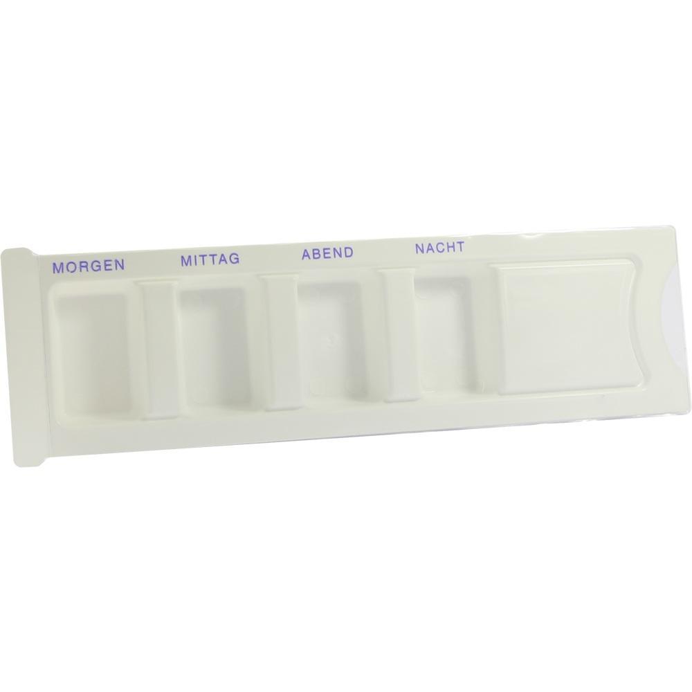 Eine Medikamentenbox mit Fächern für Morgen, Mittag, Abend und Nacht.
