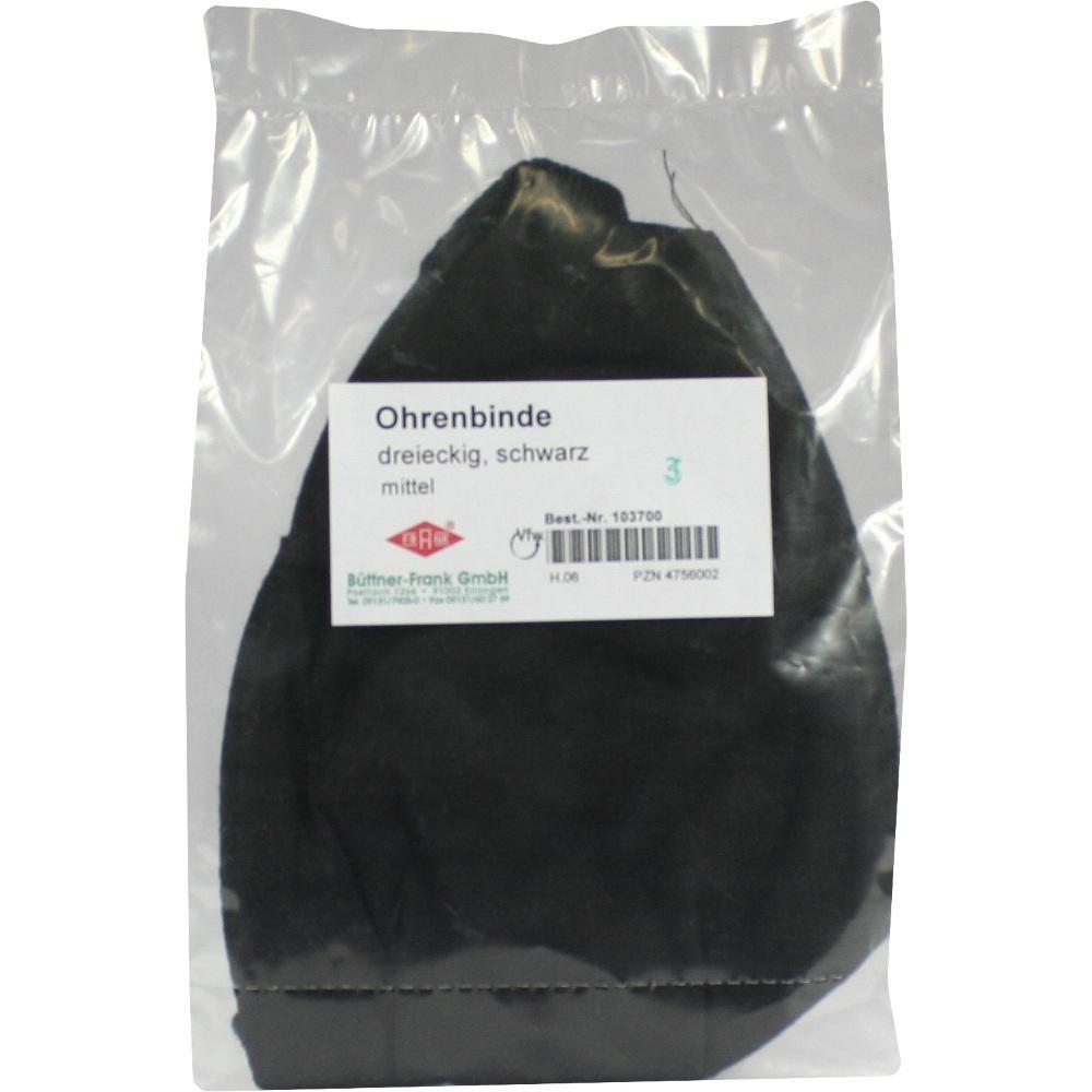 Eine schwarze, dreieckige Ohrenbinde in einer transparenten Verpackung.