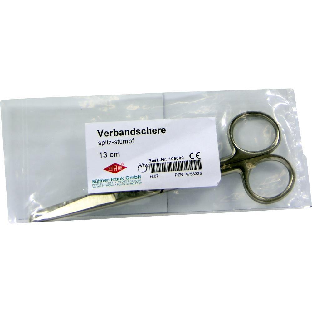 Eine silberne Verbandschere liegt in einer transparenten Verpackung.