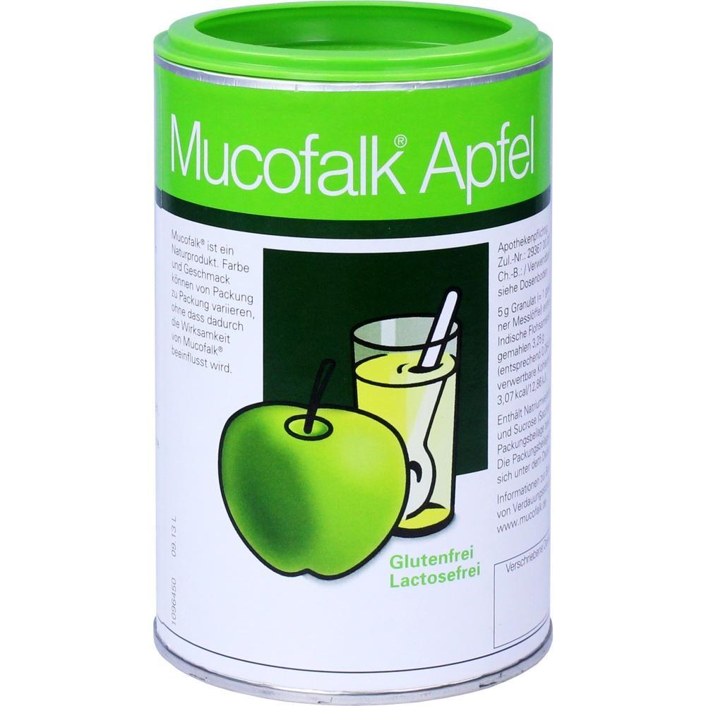 Eine grüne Dose mit der Aufschrift "Mucofalk Apfel" und Abbildungen eines Apfels und eines Getränks.