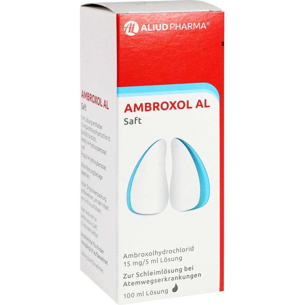 Eine Packung Ambroxol AL Saft zur L&ouml;sung von Schleim bei Atemwegserkrankungen.