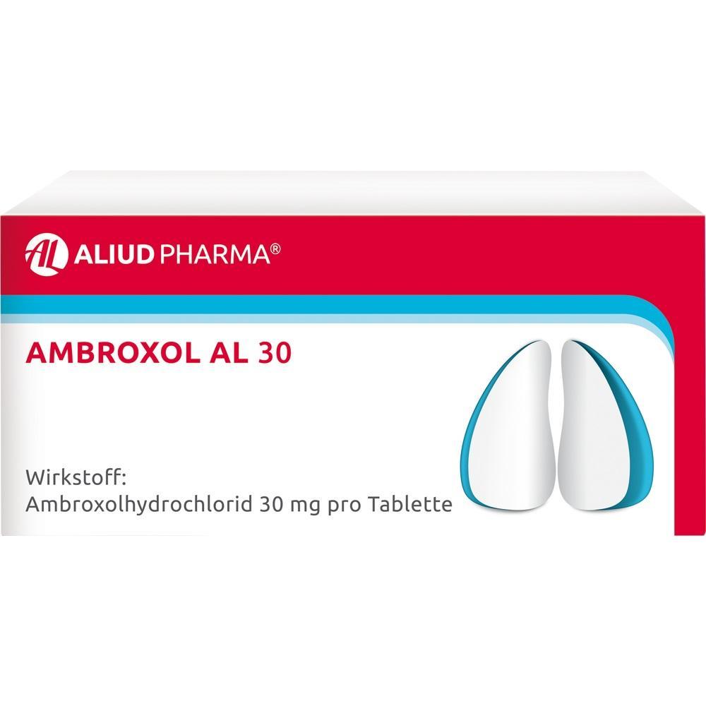 Eine Medikamentenverpackung von Ambroxol AL 30 mit Lungenbild.