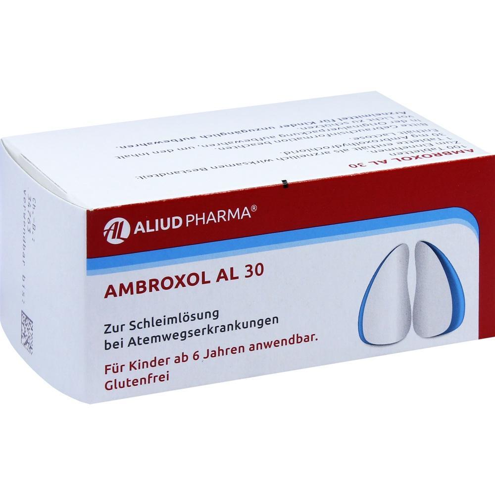 Eine Packung Ambroxol AL 30 von Aliud Pharma zur Schleiml&ouml;sung bei Atemwegserkrankungen.
