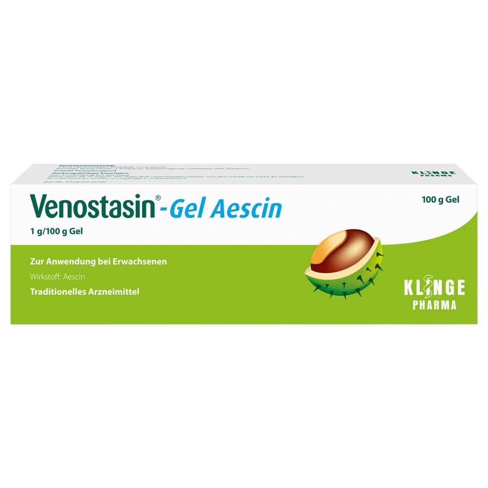 Weiße Tube "Venostasin-Gel Aescin" mit grünem Bereich und Kastanienbild.