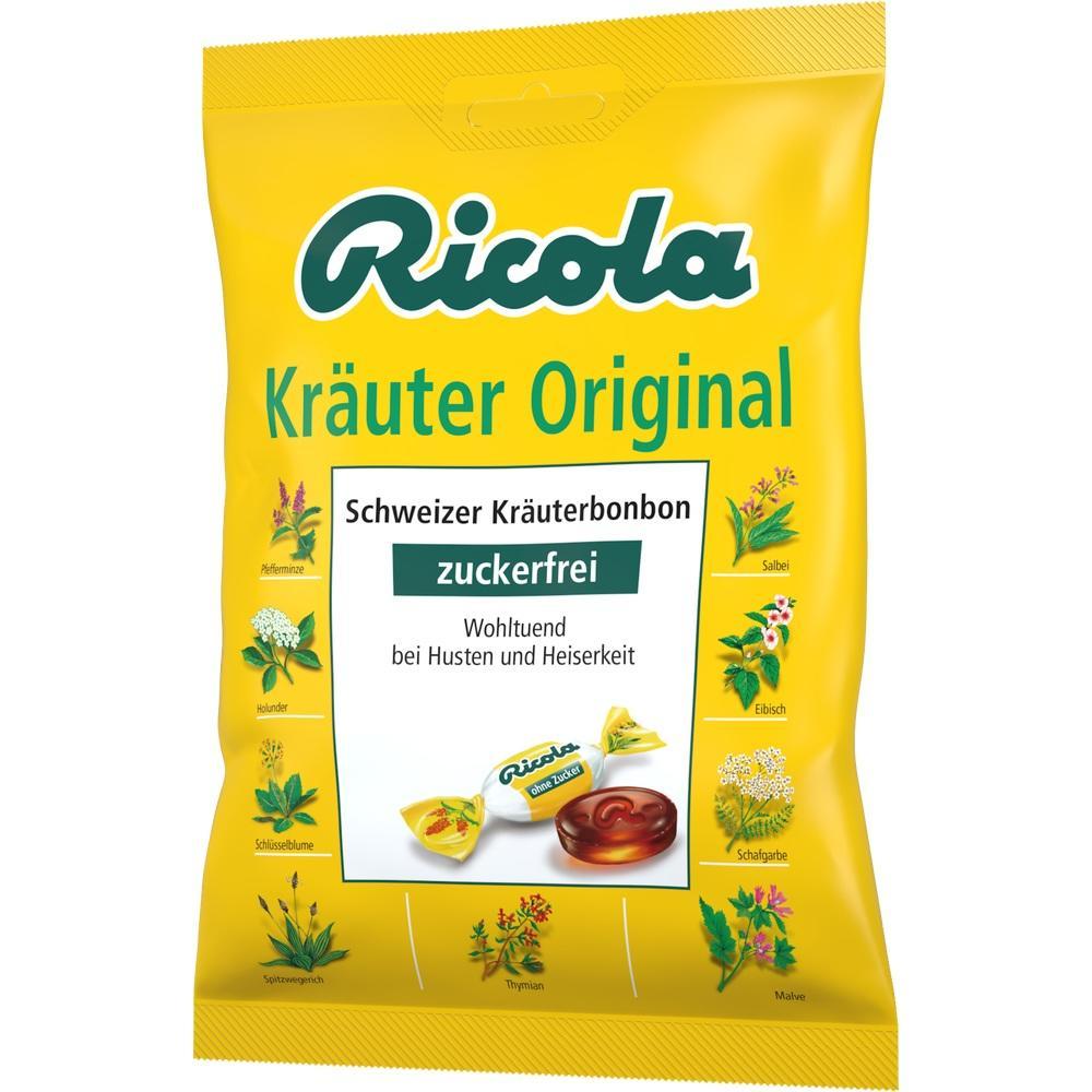 Gelbe Packung Ricola Kräuterbonbons, zuckerfrei, wohltuend bei Husten und Heiserkeit.