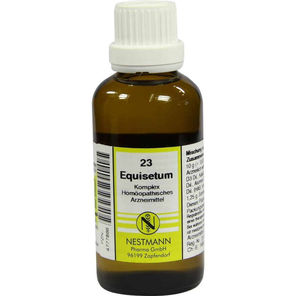 Braune Flasche mit wei&szlig;em Deckel, Etikett mit "Equisetum" und hom&ouml;opathischem Arzneimittel.