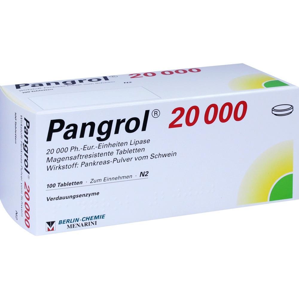 Verpackung von Pangrol 20.000 Tabletten zur Unterst&uuml;tzung der Verdauung.