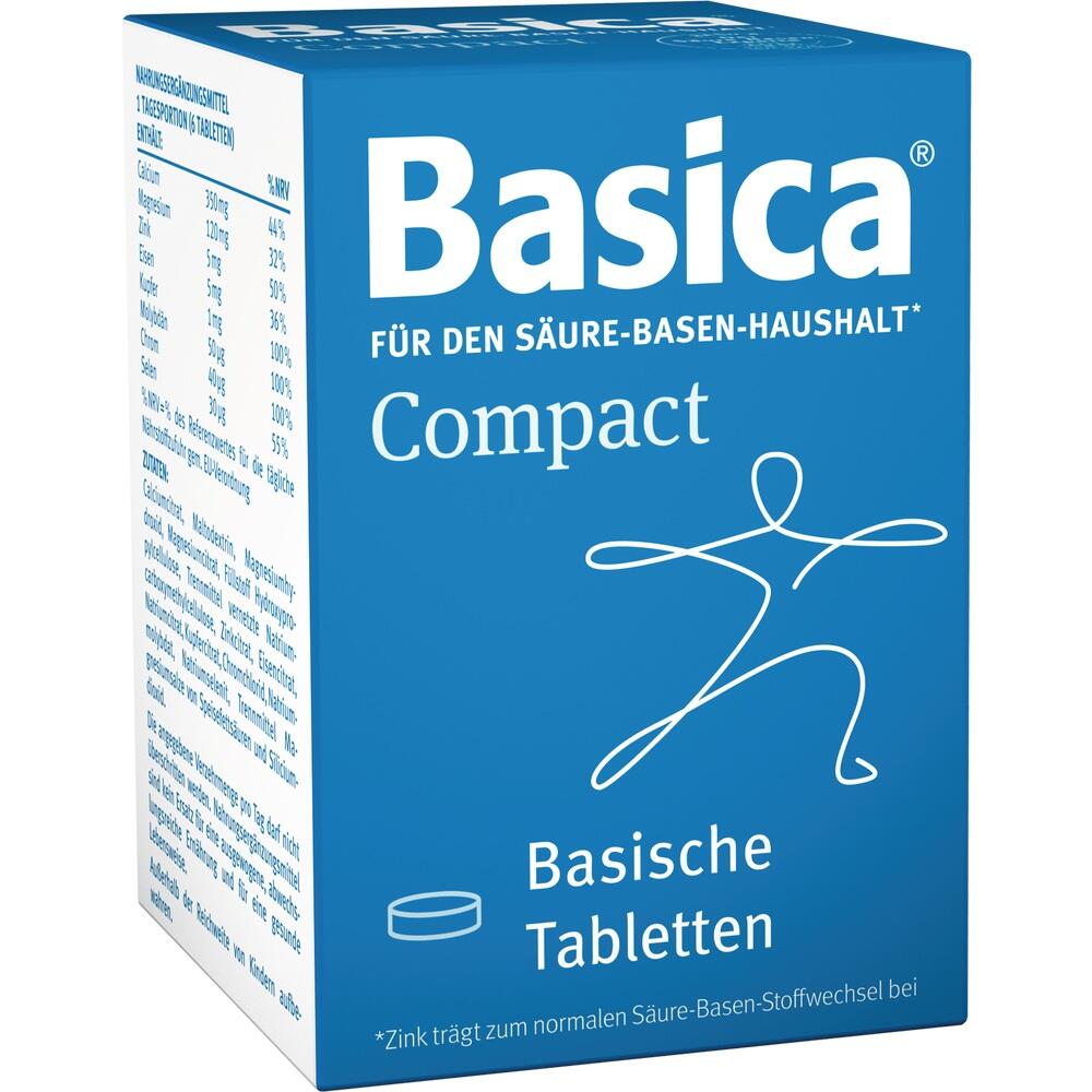 Blaue Packung mit der Aufschrift "Basica Compact - Basische Tabletten".
