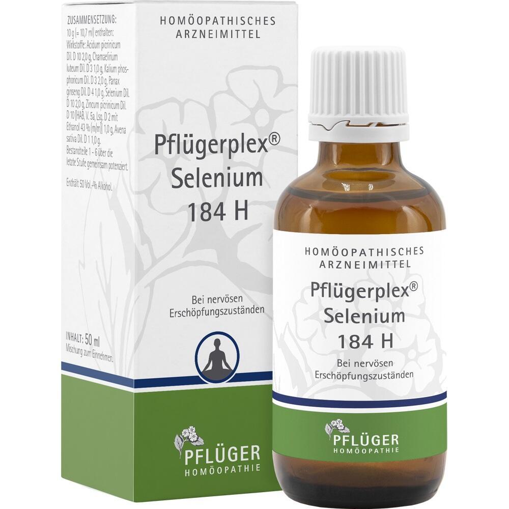 Braune Flasche und Schachtel mit dem homöopathischen Mittel "Pflügerplex Selenium 184 H".