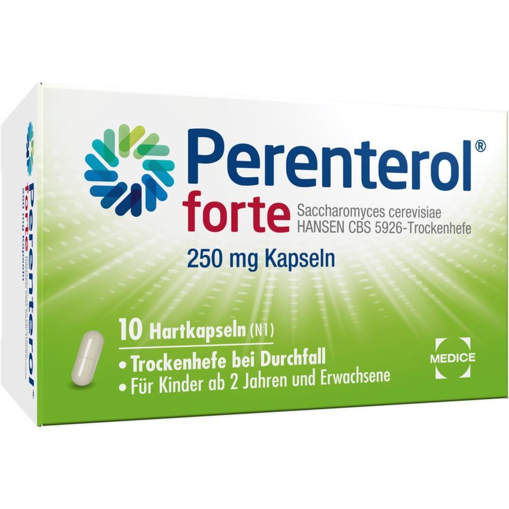 Verpackung von Perenterol forte Kapseln gegen Durchfall für Kinder und Erwachsene.