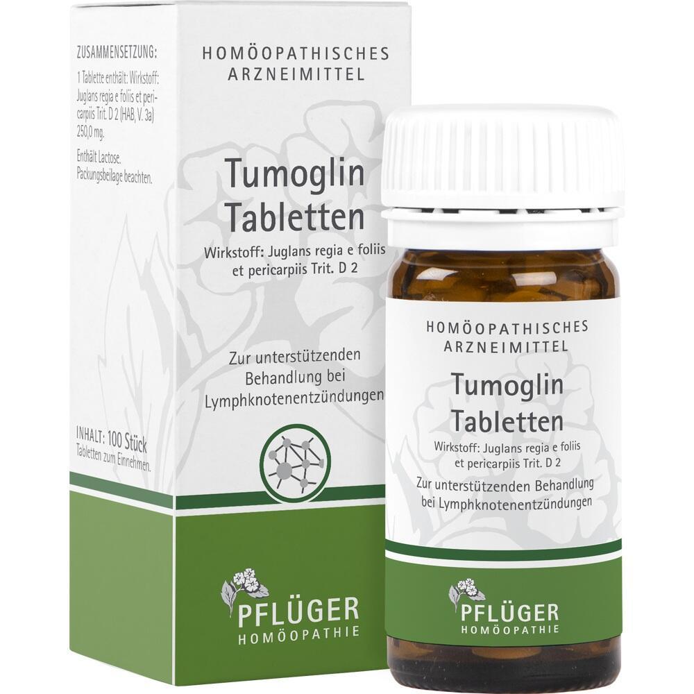 Eine Packung und ein Glas mit homöopathischen Tabletten für Lymphknotenerkrankungen.