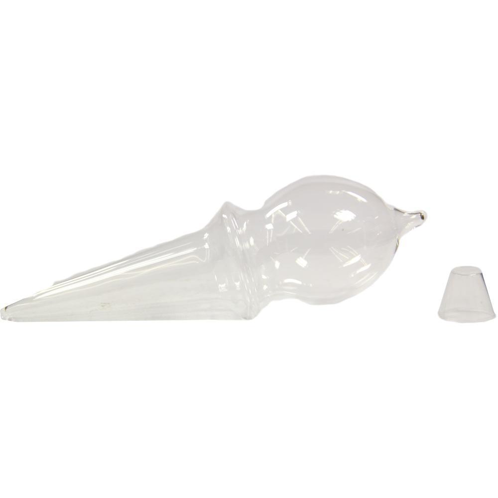 Transparenter Glasbehälter in Tropfenform neben einem kleinen Glasdeckel.