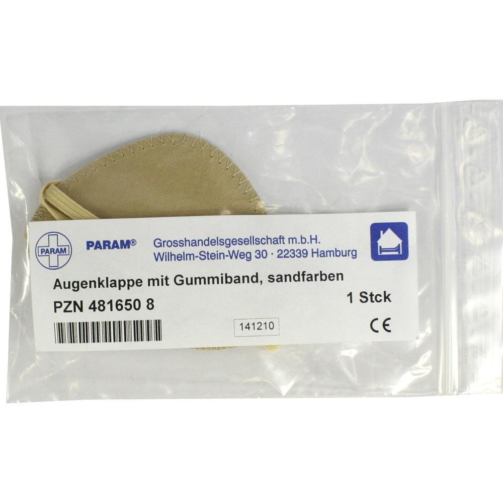 Sandfarbene Augenklappe mit Gummiband in einer durchsichtigen Verpackung.