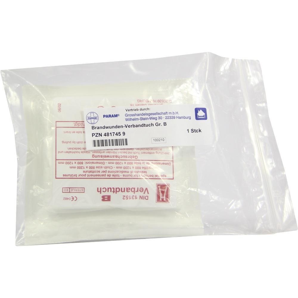 Ein verpacktes Brandwunden-Verbandtuch in einer Kunststoffhülle.