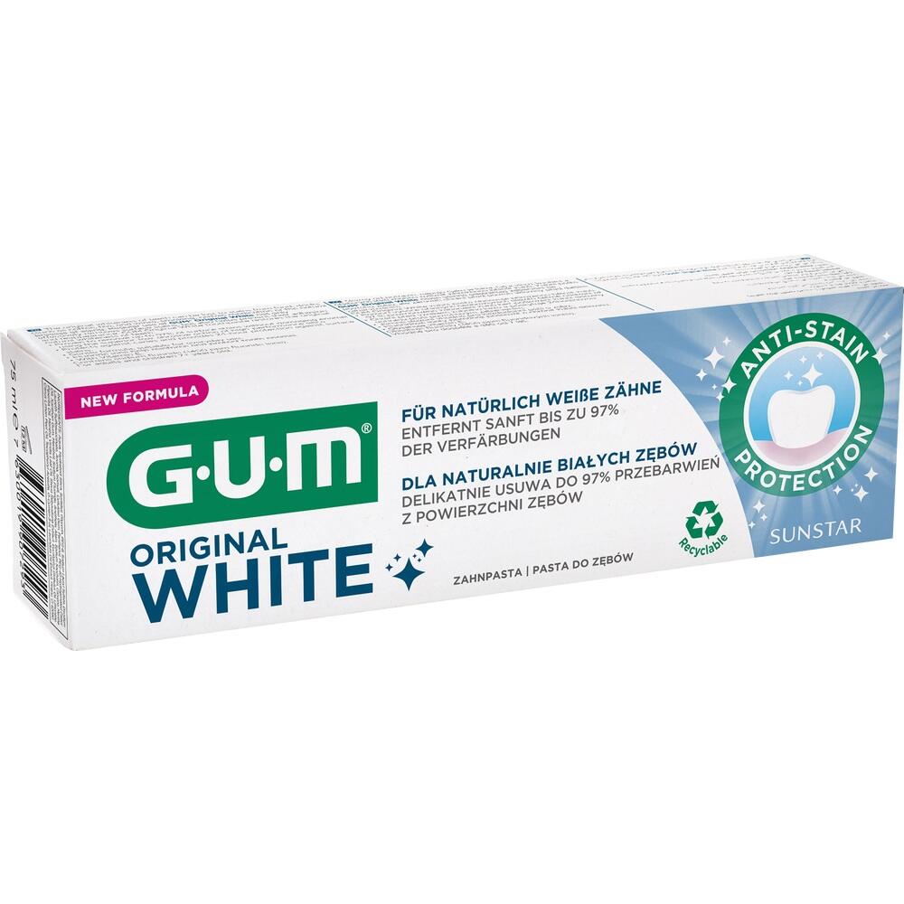Eine Zahncremetube und -verpackung der Marke "GUM Original White".
