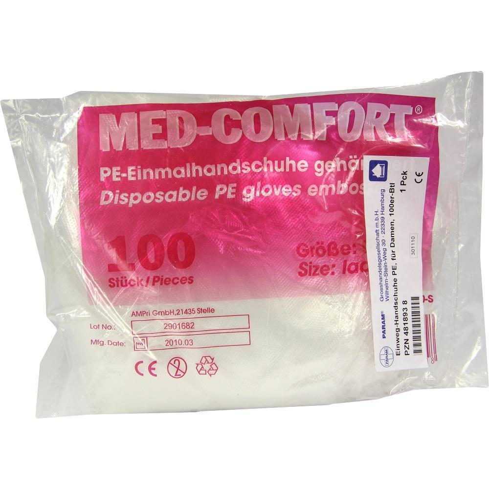 Eine Packung mit 100 weißen Einmalhandschuhen aus Kunststoff.