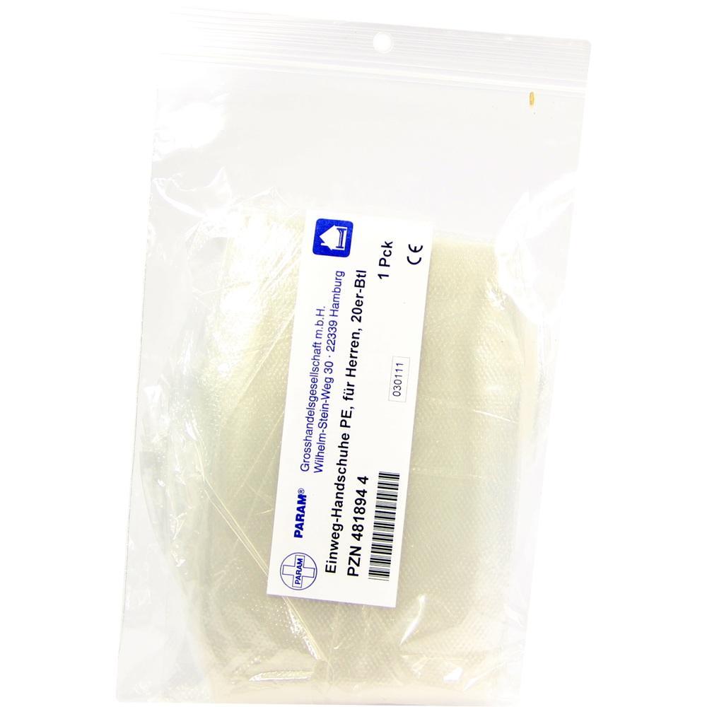 Ein Paket mit Einweghandschuhen aus Kunststoff, gut lesbar durch klare Verpackung.