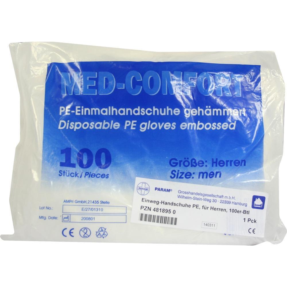Verpackung mit 100 Einweghandschuhen aus PE für Herren in Größe "men".