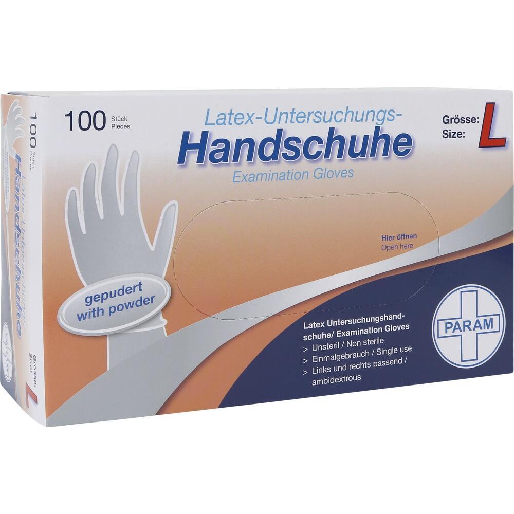 Eine Schachtel mit 100 Latex-Handschuhen in Größe L, gepudert und unsteril.
