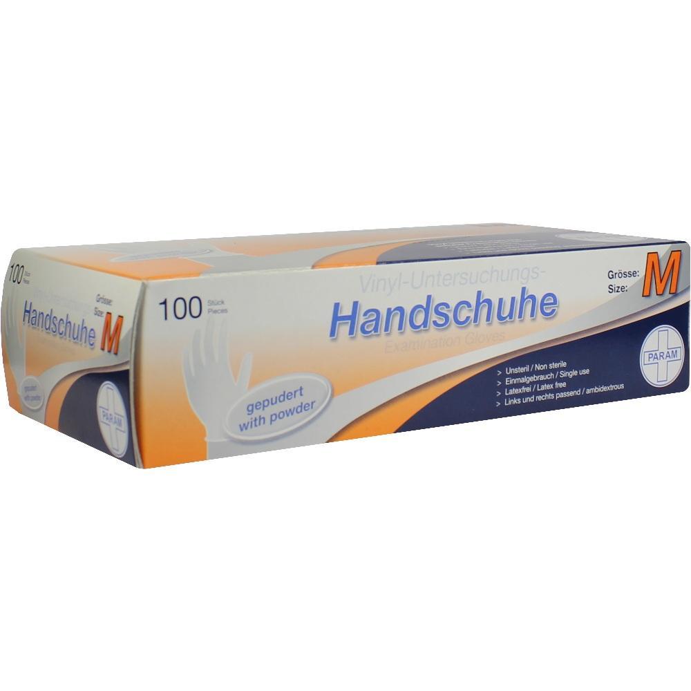 Eine Box mit 100 Vinyl-Untersuchungshandschuhen in Größe M.