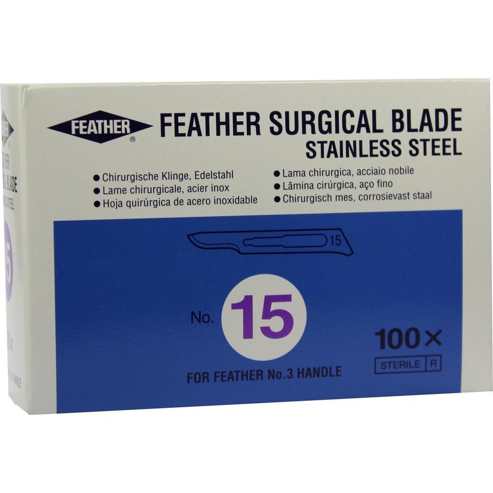 Eine Schachtel mit 100 chirurgischen Edelstahlklingen der Größe 15.